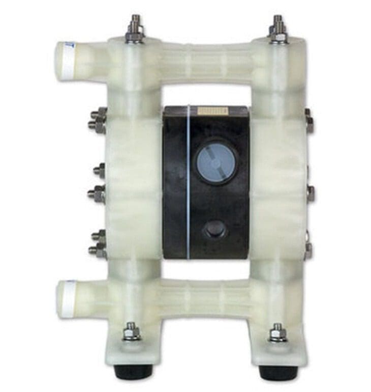 A white pump with four different valves on it.