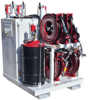 A red and white machine with two black barrels