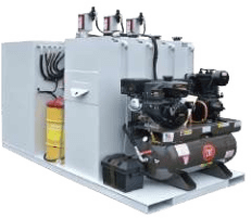 A white box with a fire extinguisher and an air compressor.