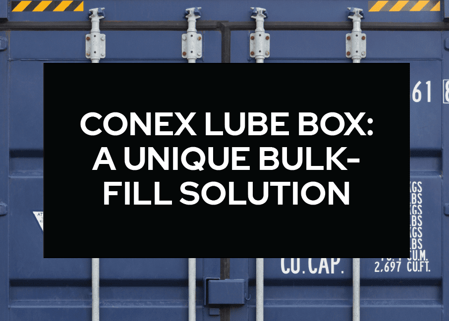 A blue box with the words " conex lube box : a unique bulk-fill solution ".