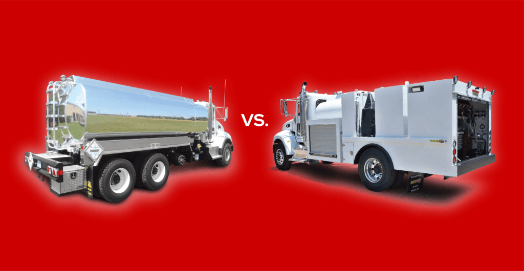 A red background with two trucks side by side.