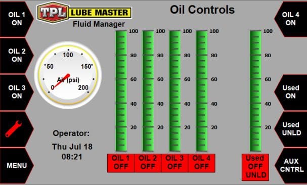 A screen shot of the lube master oil control system.