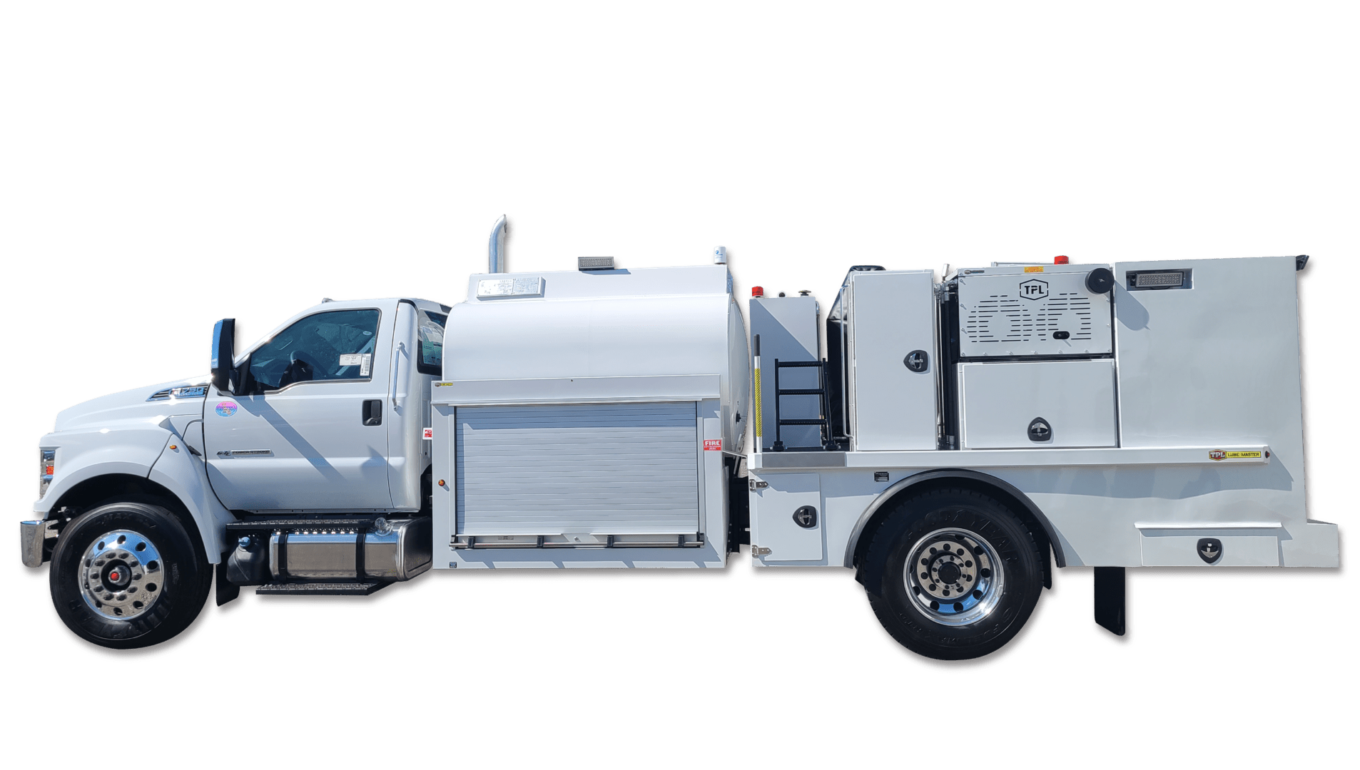 A white truck with a green background