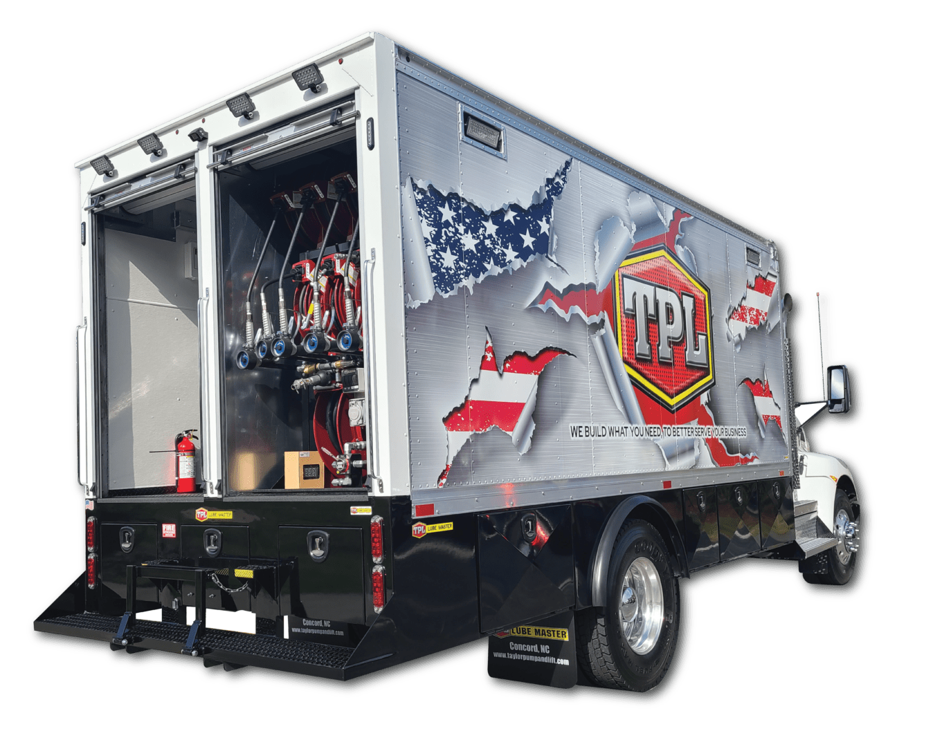 A truck with a large trailer carrying many items.