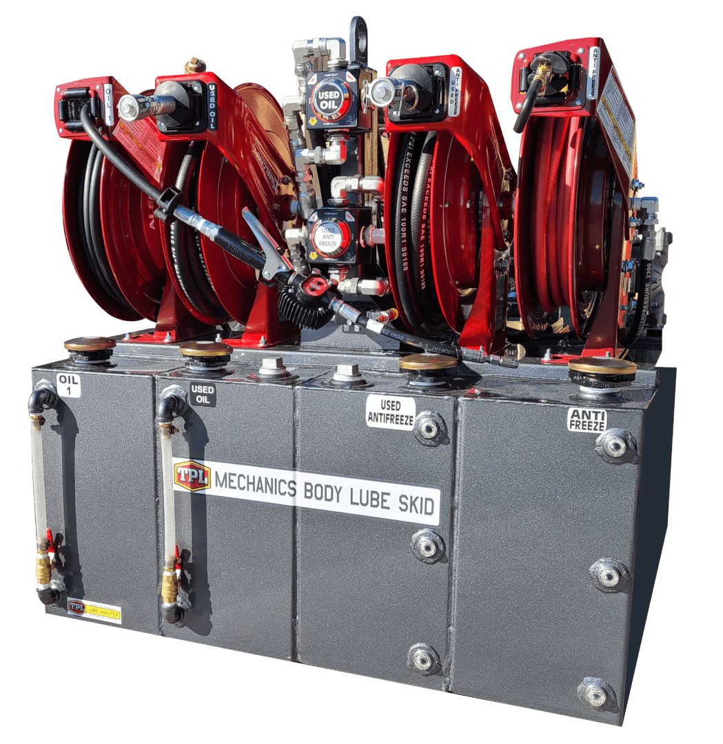 A group of red hose connected to a gray box.